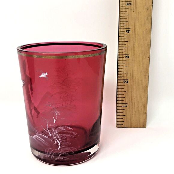 Mary Gregory Cranberry Glass Tumble Up Vintage Boy w/Bird Carafe & Tumbler Set - Picture 6 of 12